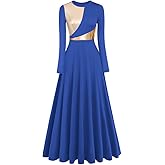 IDOPIP Women Metallic Color Block Praise Full Length Long Sleeve Dance Dress Liturgical Lyrical Dancewear Worship Robe Dress