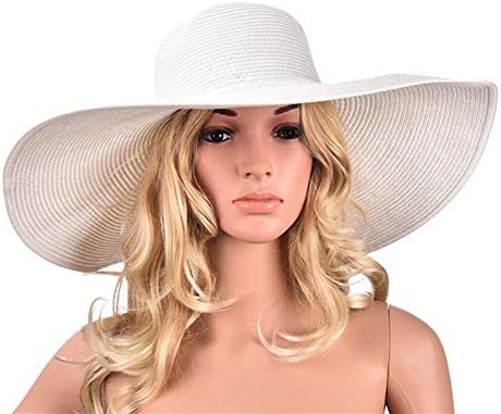 SYBKNSTW Womens Wide Brim Sun Hat 7.1'' Summer Paper Straw Hats UV Protection Floppy Beach Hats All White