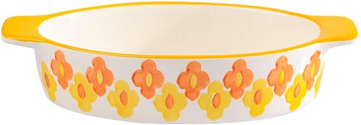 Yellow Small Floral Ceramics Rectangular Baking Dishes with Handle for Oven Ceramic Baking Pan Lasagna Casserole Pan Individual Bakeware -One person serving