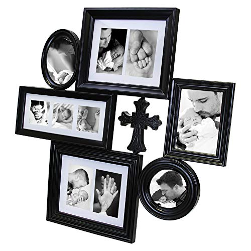 Jerry & Maggie - Photo Frame 28x28 Black Picture Frame Multi Selfie Gallery Collage Wall Hanging 6 Open Photo Sockets with Cross - Wall Mounting Design