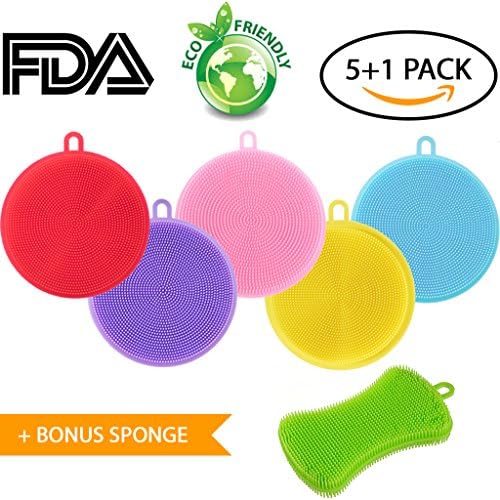 Silicone Sponge, Kitchen Dish Scrubber, Reusable Washing Brush, 6 Pack BPA Free/Antibacterial/Heat Resistant For Pans, Bowl, Fruits, Vegetables by LVN