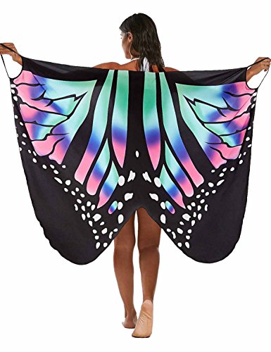 Vivilover Womens Spaghetti Strap Butterfly Print Cover Up Backless Bikini Wrap Beach Dress Swimwear (Black, L/US 6-10)