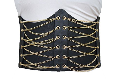 TFJ Women Fashion Corset Belt High Waist Wide Black Faux Leather Elastic Gold Chains S M