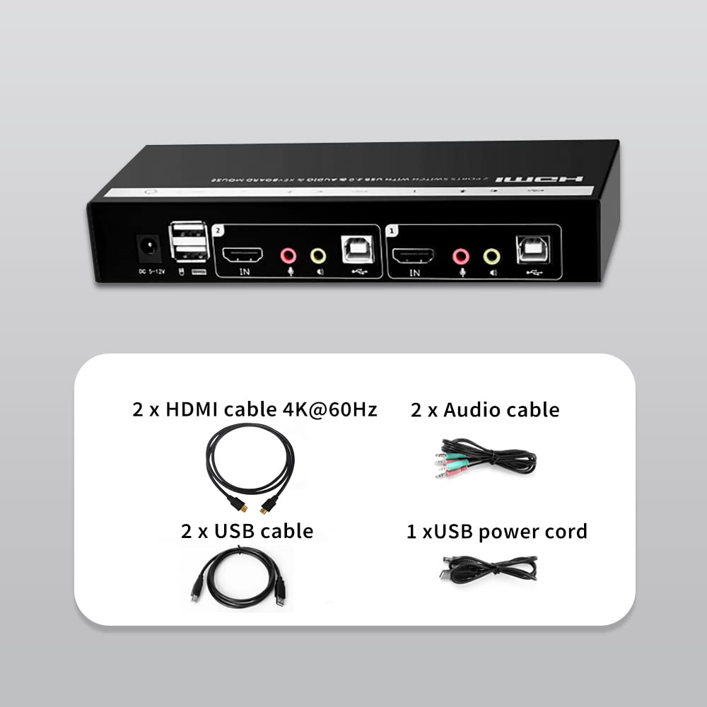 KVM Switch 1 Monitor 2 Computers 4K@60Hz USB 2.0 HDMI KVM Switch 2 Port for 2 Computers Share 1 Monitor Keyboard Mouse Hard Drives Printer Support Hotkey,Button Switching, EDID Emulation,USB Powered