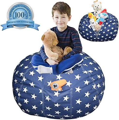 Extra Large Stuffed Animal Storage Bean Bag Cover | Europe Made &amp; Lab Tested Fabric | The Ultimate Storage Solution To Clean Up &amp; Organize Kid's Room | Free E-Book (Unisex Navy Star)
