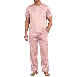 Vssjavun Mens Silk Satin Pajama Set Short Sleeve Sleepwear with Long Pants | Smooth breathable adjustable waist notched colla