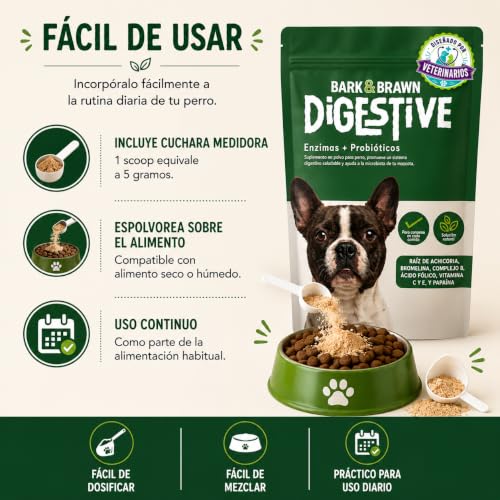 BARK & BRAWN Digestive para Perros 450g | Probióticos, Prebióticos y Enzimas Digestivas | con Raíz de Achicoria, Bromelina, Papaína, Linaza y Omega 3 | Probioticos Perro | hasta 90 Porciones