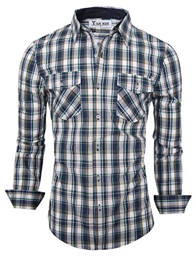 TAM WARE Mens Stylish Slim Fit Button Down Longsleeve Plaid ShirtTWCS23-24-GREEN-US XXL