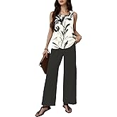 Alheay 2 Piece Sets for Women Sleeveless Leaf Graphics Vest Top and Solid Color Wide Leg Long Pants Travel Outfits Lounge Set