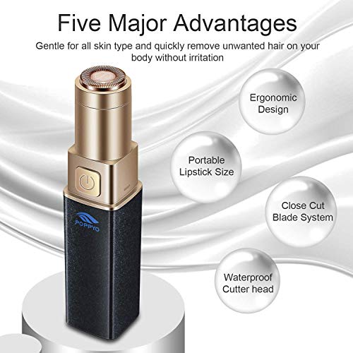 Facial Hair Removal for Women, POPPYO Painless Hair Remover Ladies Mini Travel Size Hair Trimmer for Peach Fuzz, Chin Cheek Hair, Upper Lip Moustaches, Sideburns, Waterproof, Battery Powered