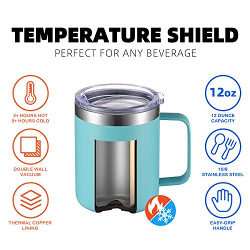 12oz Stainless Steel Insulated Coffee Mug with Handle, Double Wall Vacuum Tumbler Cup with Lid, Mint, 1 Pack