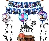 32 Pack Gaming Party Supplies Set,24 pcs Dancing Cupcake Toppers, 3 Foil Balloons,1 Game Happy Birthday Banner Decorations and 1 Birthday Cake Topper for Kids Battle Royale Decorations