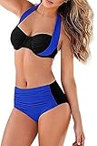 EVALESS Womens Halter Neck Color Block Padded Push Up Bikini Set Swimsuit