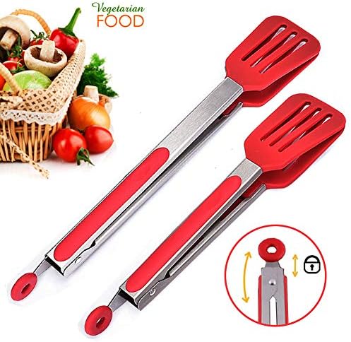 Bingobang multifunction Kitchen Tongs Set of 9,12 inch, Stainless Steel Silicone Cooking Utensil Tongs with Safe Locking, Food Tongs for Salad, Baking, Buffet Serving, BBQ, Grill (Silicone Red)