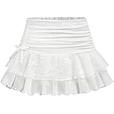 BEAUDRM Girl's Y2k Lace Mini Skirt Ruched Layered Ruffle A Line Flared Short Skirts
