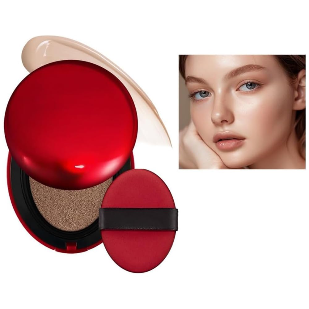 Cushion Foundation, Semi-Matte Finish 72-Hour Foundation Full Coverage Sun Protection, Waterproof, Clear Makeup Red+Shell+Air Focuses on Keeping The Coverage Great,18g