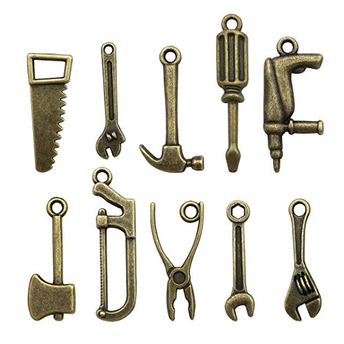 50 PCS Worker 3D Tool Charms Collection - Arm Saw Wrench Spanner Screw Driver Shovel Scoop Hammer Axe Ax Hatchet Chopper Hacksaw Drill Vise Pincer Pliers Metal Pendants (Bronze HM 68)