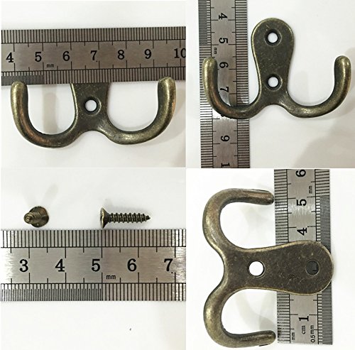 20 Pieces Double Prong Robe Hook Rustic Hooks Retro Cloth Hanger with 40 Pieces Screws, Bronze Color