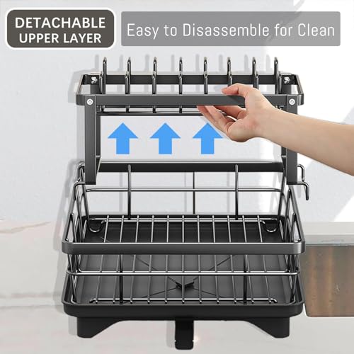 Azonee 2-Tier Dish Drying Rack for Kitchen Counter | Large Capacity Stainless Steel Dish Rack with Drainboard – Detachable Cutlery Holder, Rotatable Drainage | Black Kitchen Organizer for Plates,Bowls