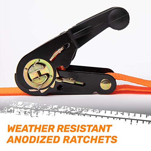 RoofPax Ratchet Straps (4-Pack), Heavy Duty Tie Downs Kit 1,823 Lbs Break Strength 1" inch X 15' ft. Cargo Tiedowns for Motorcycles. Padded Handles & Coated Chromoly S Hooks