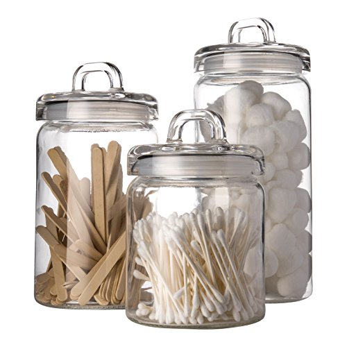 Set of 3 Clear Glass Canister Jars with Tight Lids and Handle for