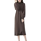 Ailaile 100% Merino Wool Sweater Dress Women's Mock Neck Lantern Sleeve Pullover Autumn Winter Knitted Long Dress
