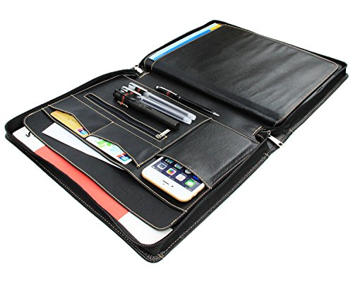 Professional Portfolio Case with Tablet Stand for Microsoft Surface Pro 3/4/New Surface, Business Organizer Document Folder with Letter Size Legal pad/Notepad Holder, Goatskin Leather (Surface, Black)