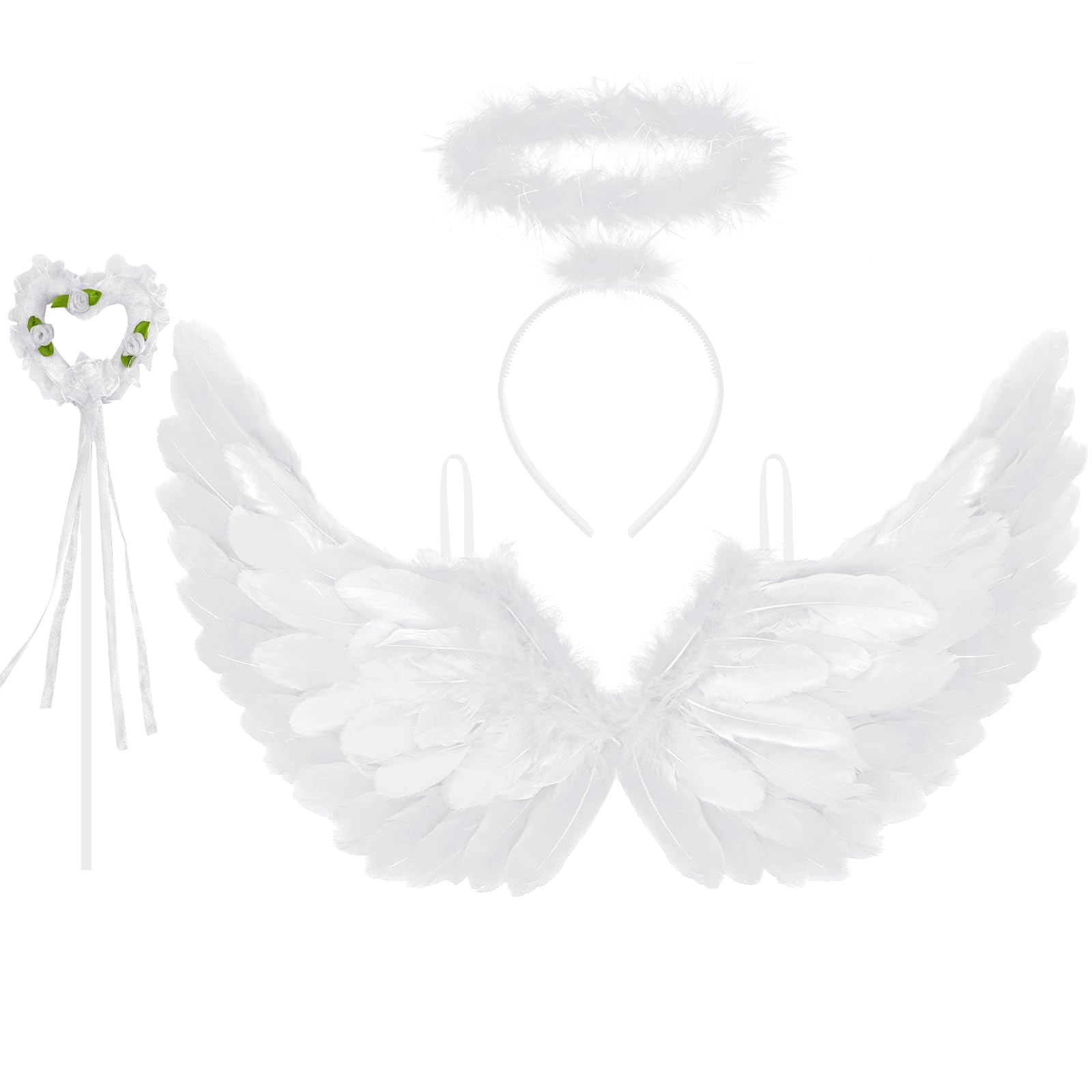 Newthinking Angel Wings and Halo for Adults Kids, White Feather Wings Halloween Angel Fairy Costume Cosplay for Women Girls, 65x35cm