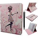 iPad 2 Case,Qbily Fairy Girls Pattern PU Leather Cases Cover Magnetic Closure Credit Card Slot Pouch Stand Case for Apple iPad 2/3/4 Tablet with Screen Protector and Stylus Pen (Girls in Dress)