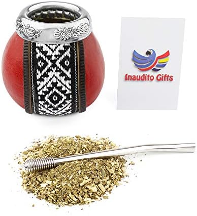 Yerba Mate Kit. Handmade mate gourd (not cured) and straw (bombilla) to drink Yerba Mate. Leather Edition. Family size (Red)