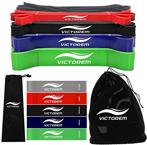 Victorem Resistance Loop Bands– Exercise, Physical Fitness, Home Workout Training Set – 10 Heavy & Mini Booty Bands Set - Pull Up Assist, Stretching, Yoga, Therapy, Upper Body, Legs & Butt