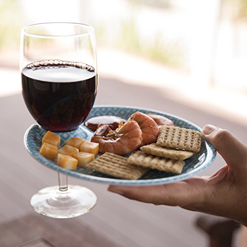 Set of 4 APPETIZER PLATES - 7" Melamine Plates with WINE GLASS HOLDER for Parties and Entertaining - Great for Appetizers, Salads or Desserts - Lightweight and Dishwasher Safe (Summer)