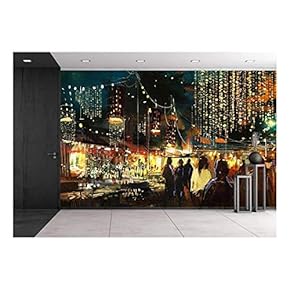 Painting of Shopping Street City with Colorful Nightlife - Removable Wall Mural | Self-Adhesive Large Wallpaper - 66x96 inches