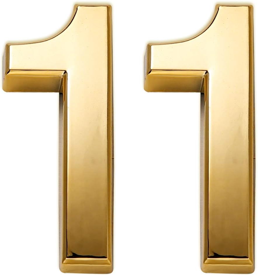 2 Pack Mailbox Numbers 1, Door Number Stickers for House/Apartment/Home Room/Office, Self Adhesive, Golden Shiny, Double 1, 2.75 Inch High, by hopewan. (2.75" Double 1, Golden)