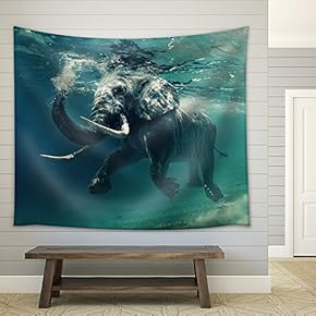 Swimming Elephant Underwater. African Elephant in Ocean with Mirrors and Ripples at Water Surface. - Fabric Wall Tapestry Home Decor - 51x60 inches