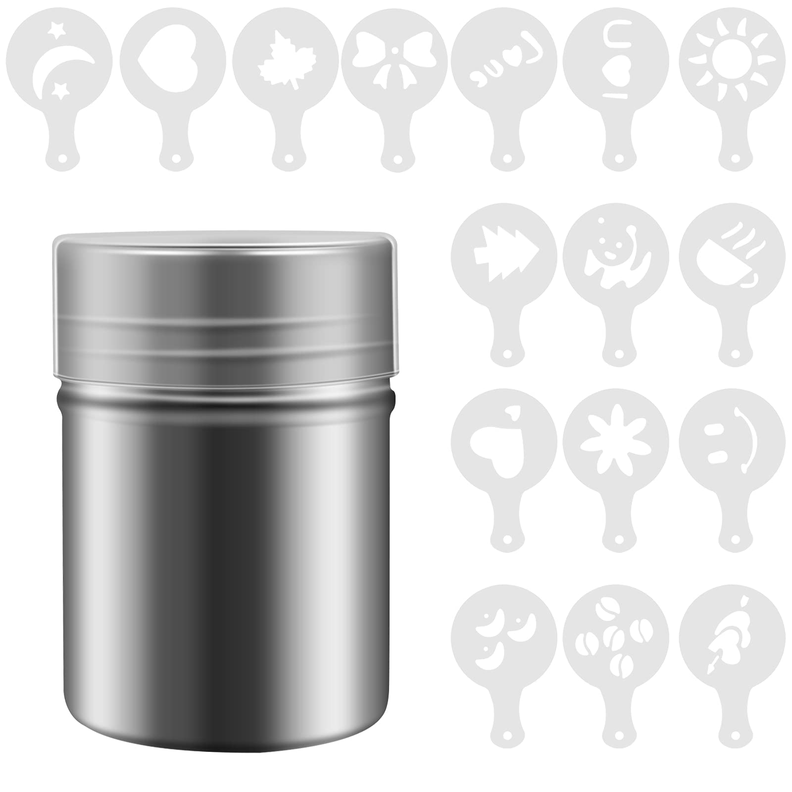 Stainless Steel Coffee Sprinkles Powder Set with 16 Stencils, Chocolate Shaker Duster, 5.5cm*9cm
