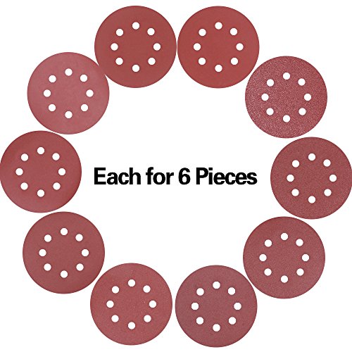 Swpeet 60 Pcs 10 Sizes 5 Inch 8 Hole Sanding Discs Sandpaper Hook and