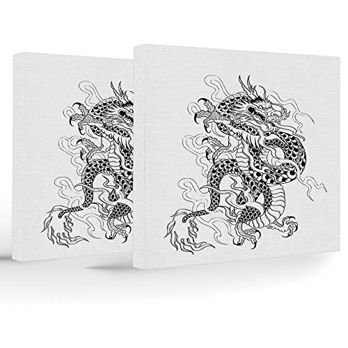 iPrint Framed Wall Art,Japanese Dragon,Each Panel has Hook Already Mounted on The Wooden bar for Easy Hanging,Sketch Artwork Style Ancient Mighty Figure with Claws Fire Monster Tattoo Decorative