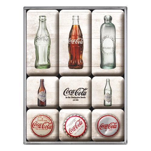 Coca Cola Bottle / Cap History set of 9 Mini Fridge Magnets in box (na)