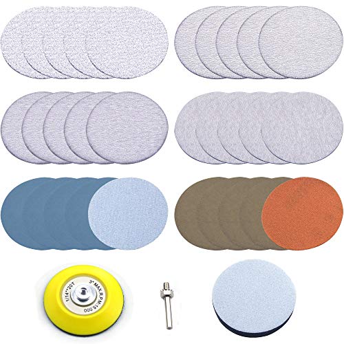 3 inch Multiple Grits Aluminum Oxide Dry & Wet/Dry Hook Loop Sanding Discs a 1/4 inch Shank Backing Pad + Soft Foam Buffering Pad, 5-Pieces Each 60, 240, 600, 1000, 5000 10000 Grits
