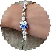 TUCEWP Cute Flower Bracelet for Women Dainty Pearl Bead Ball Bracelets Adjustable Sweet Chain Link Bracelet Vintage Blue and White Porcelain Bracelets Fashion Trendy Birthday Christmas Jewelry Gift