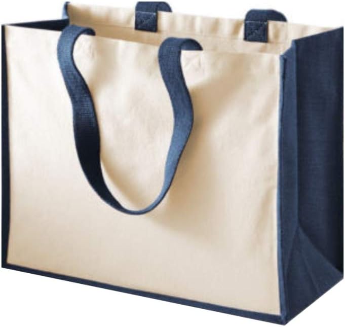 Jute Hessian 100% Cotton Canvas Classic Shopping Bag with Cotton Carry Handles. Size : 42cm x 33cm x 19cm - Five Colours Available (Pack of 10 Bags) (Navy)
