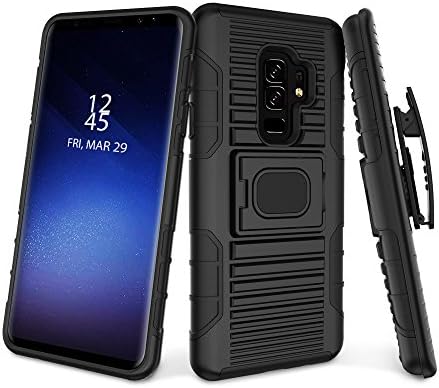 Samsung Galaxy S9 Plus Case with Raised Lip for Screen Protector, Reinforced Kickstand, Ring, Magnet Mount, Belt Clip/Holster, Protective Cover from Drop, Anti Scratch, Made with TPU+PC Hybrid, Black