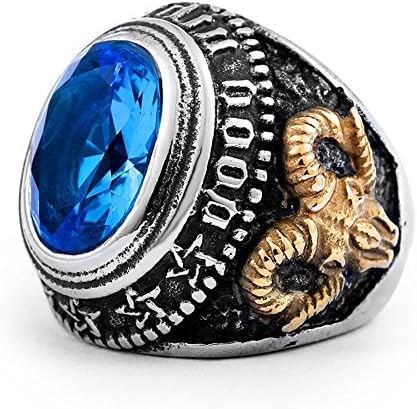 LILILEO Jewelry Titanium Steel Retro Gold Goat Skull Blue Zircon Masonic Ring for Men's Rings