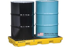 Justrite Low Profile 2 Drum Spill Containment Pallet Accumulation Center - 5.5" Tall - 24 Gal Capacity for 55 Gallon Drum Containment - Made in The USA from 30% Recycled Polyethylene - Yellow - 28654