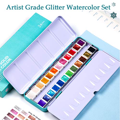 Artsy Artist Grade Watercolor Paint Set 24 Glitter Colors and Water