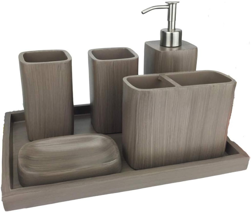LOSYU Bathroom Accessory Sets 6pcs, European Simple Resin Toiletries Organiser, Toothpaste Rack Soap Dispenser Toothbrush Holder Soap Dish Brushing Cup (Color : Gray, Size : With tray)