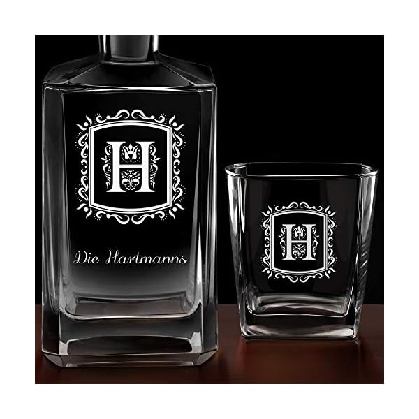 Maverton Whiskey Karaffe + 2/4 / 6er Whiskygläser Set mit Gravur - 700ml Whisky Dekanter - Geschenk zum Hochzeitstag für Paar - Buchstabe – Bild 7