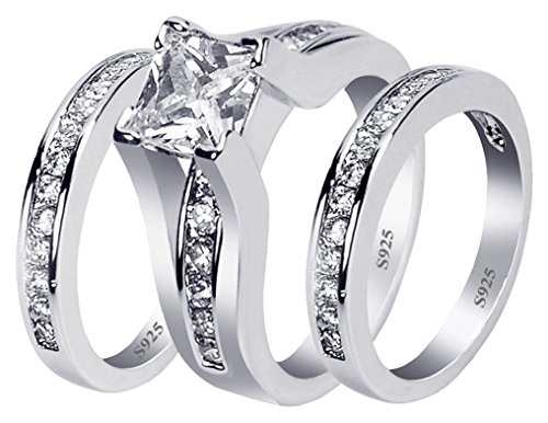 MABELLA Sterling Silver Cubic Zirconia Princess Cut Promise Anniversary  Wedding Band Engagement Ring Bridal Set