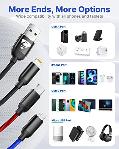 Aioneus 4ft 3-in-1 Multi Charging Cable, USB Type C, Micro USB, Lightning, Fast Charging, Compatible with iPhone 13/12/11, Samsung Galaxy S21/S20/S10/S9/S8/S7, Android Devices